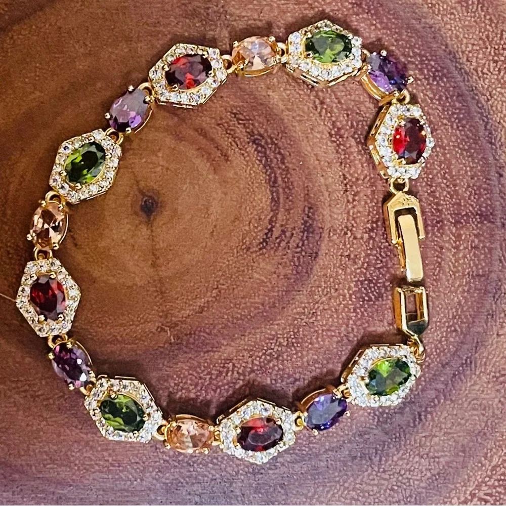 18K Gold Filled Multicolor Gemstone CZ Tennis Bracelet Red Green Purple Pink New - Picture 8 of 12